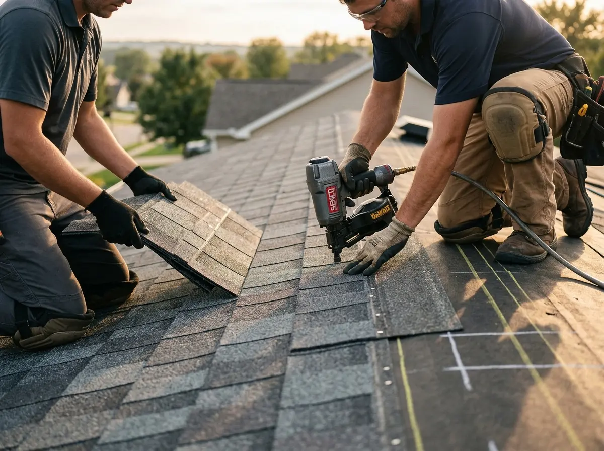 Professional roofer working on a residential roof in Greenwood Village